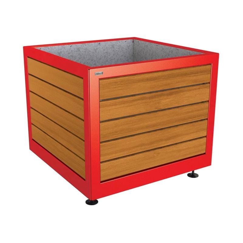 Cityscape Direct Silaos Planter (Steel and Wood) 1000 x 1000 x 800mm high / Red (RAL 3020) / Light Oak