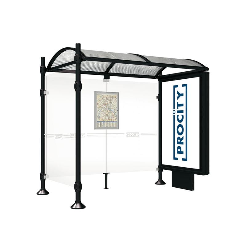 Cityscape Direct Province Brushed Steel Bus Shelter 2500mm / Black (RAL 9005) / With lightbox and cladding