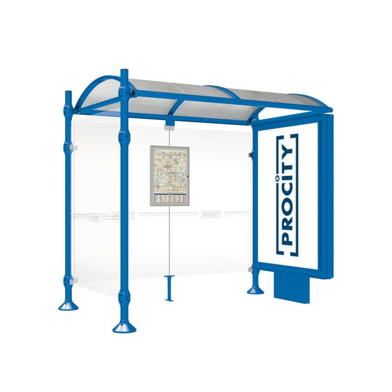 Cityscape Direct Province Brushed Steel Bus Shelter 2500mm / Blue (RAL 5010) / With lightbox and cladding