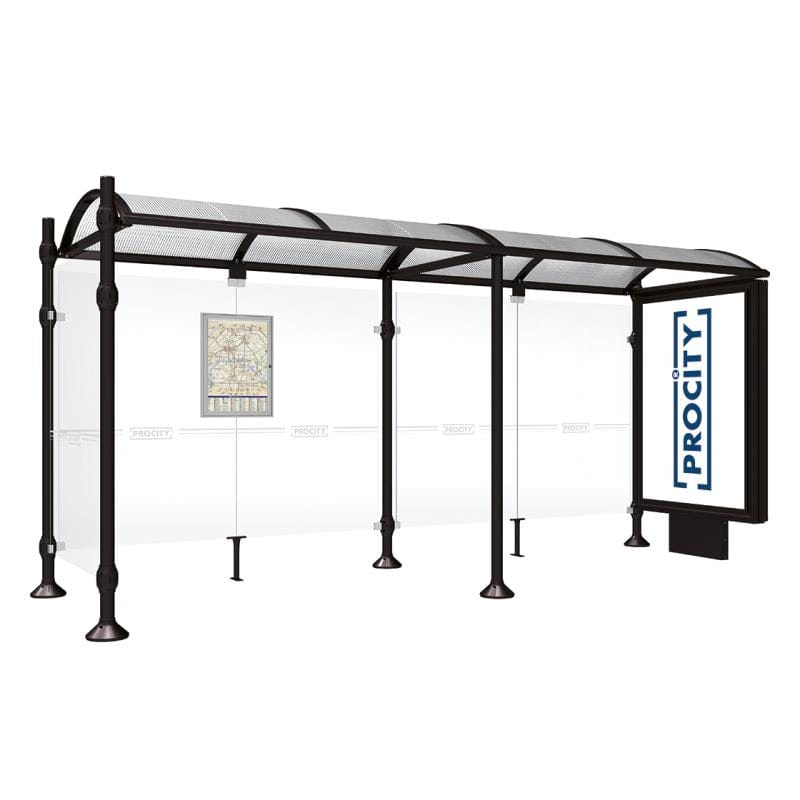 Cityscape Direct Province Brushed Steel Bus Shelter 5000mm / Black (RAL 9005) / With lightbox and cladding