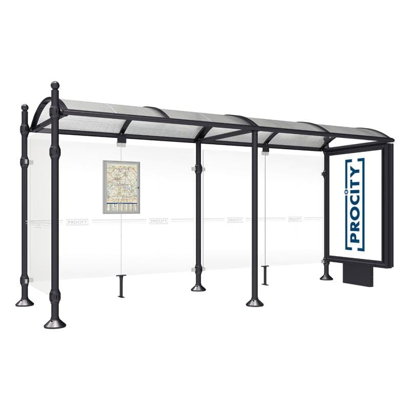 Cityscape Direct Province Sphere Bus Shelter 5000mm / Black (RAL 9005) / With lightbox and cladding