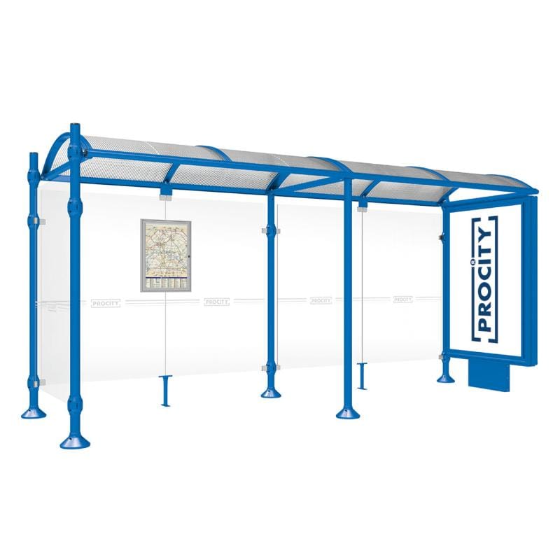 Cityscape Direct Province Brushed Steel Bus Shelter 5000mm / Blue (RAL 5010) / With lightbox and cladding
