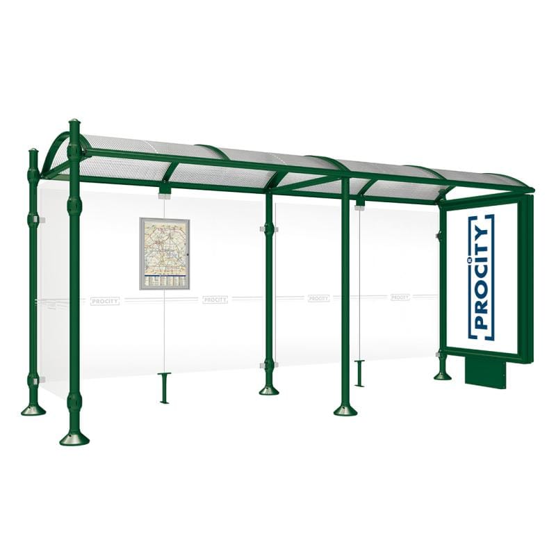 Cityscape Direct Province Agora Bus Shelter 5000mm / Green (RAL 6005) / With lightbox and cladding