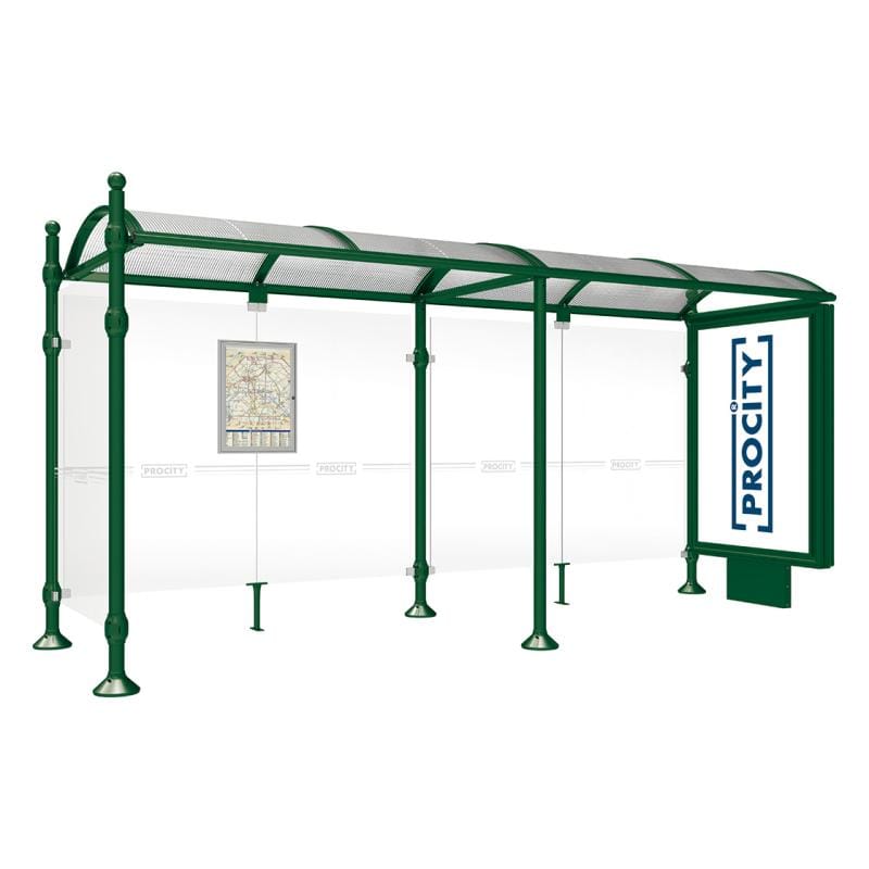 Cityscape Direct Province Sphere Bus Shelter 5000mm / Green (RAL 6005) / With lightbox and cladding