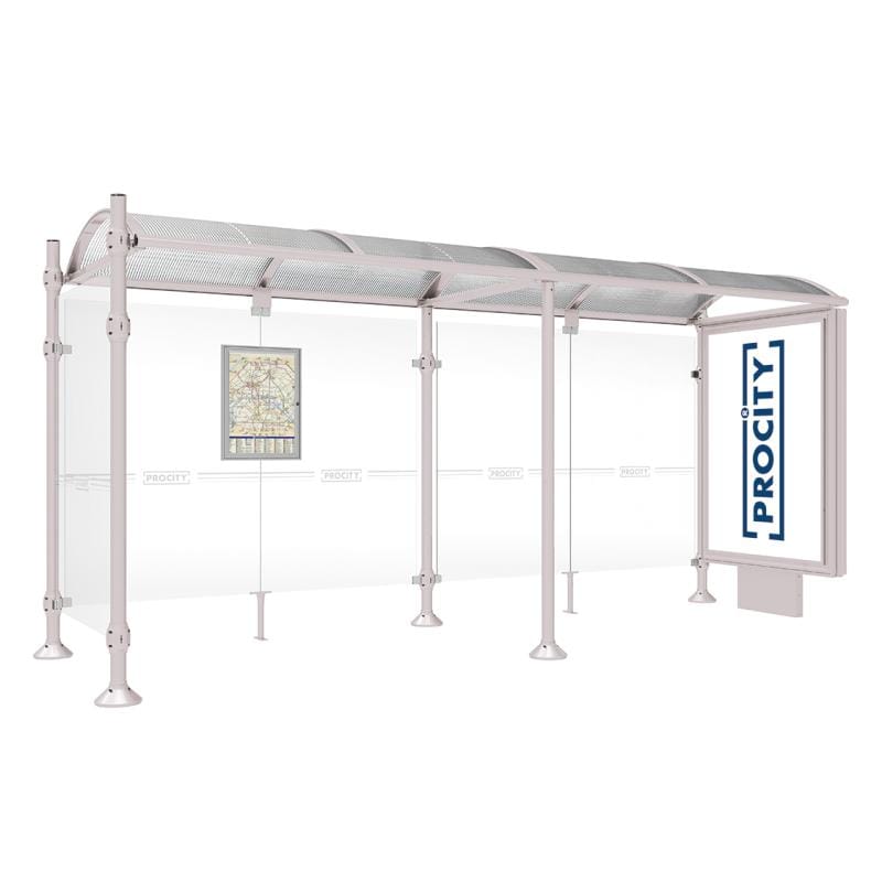 Cityscape Direct Province Brushed Steel Bus Shelter 5000mm / Light Grey (RAL 7044) / With lightbox and cladding