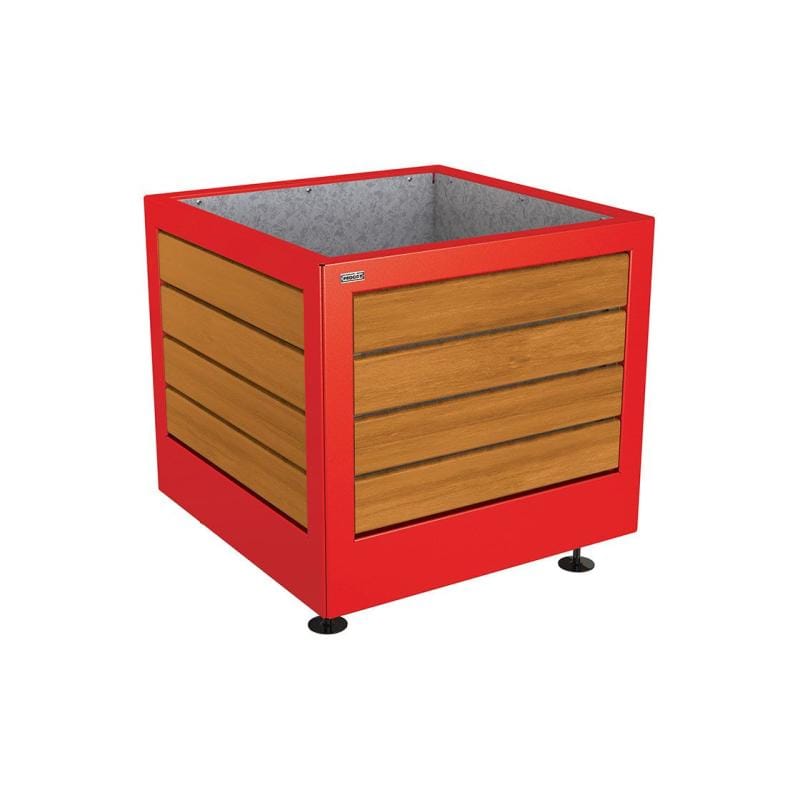 Cityscape Direct Silaos Planter (Steel and Wood) 800 x 800 x 700mm high / Red (RAL 3020) / Light Oak