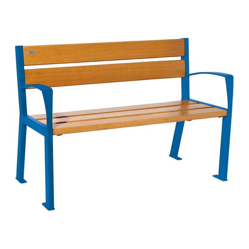 Cityscape Direct Silaos Seat (Steel and Wood) - 1200mm wide Armrests / 5 Slats (Light Oak) / Blue (RAL 5010)