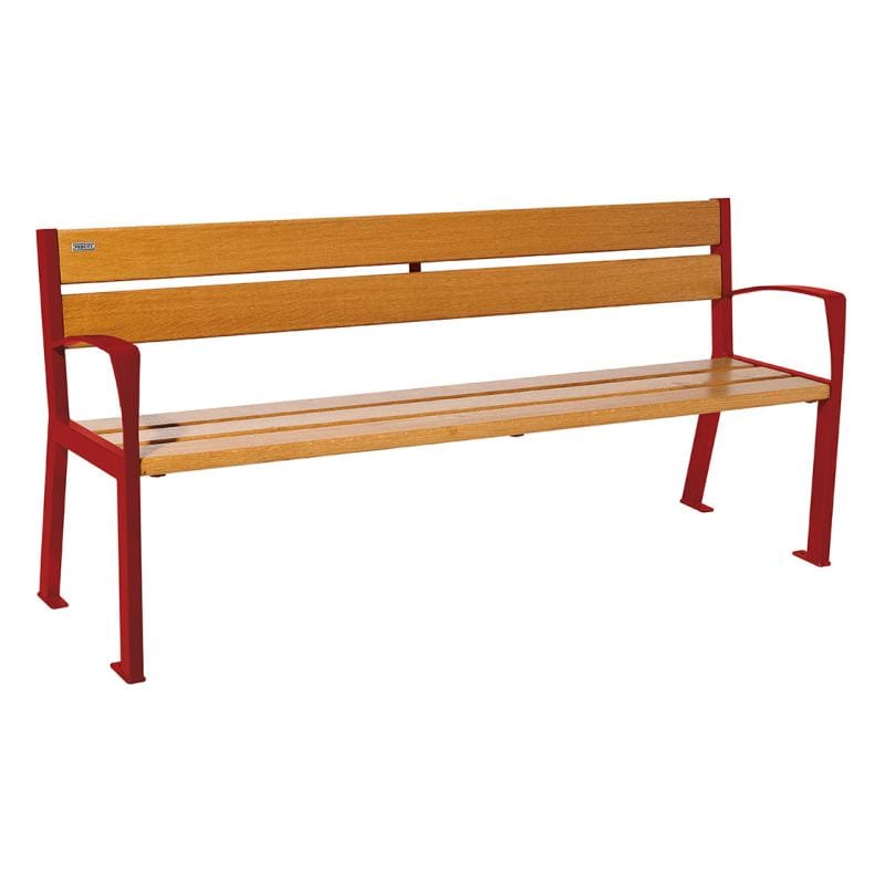 Cityscape Direct Silaos Seat (Steel and Wood) - 1800mm wide Armrests / 5 Slats (Light Oak) / Burgundy (RAL 3004)