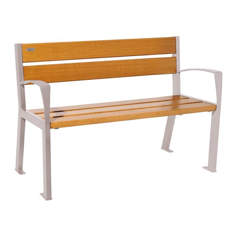 Cityscape Direct Silaos Seat (Steel and Wood) - 1200mm wide Armrests / 5 Slats (Light Oak) / Light Grey (RAL 7044)