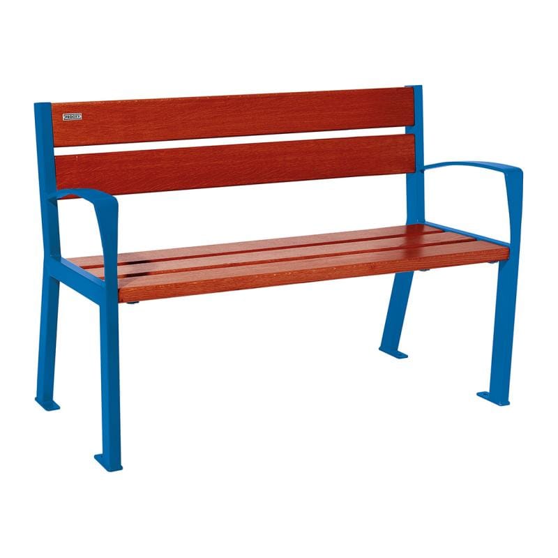 Cityscape Direct Silaos Seat (Steel and Wood) - 1200mm wide Armrests / 5 Slats (Mahogany) / Blue (RAL 5010)