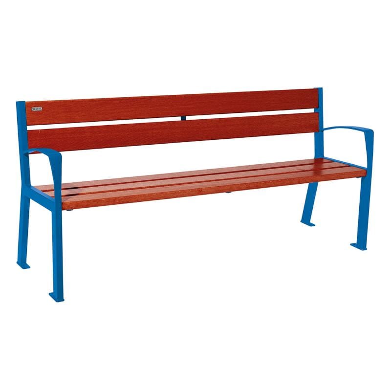 Cityscape Direct Silaos Seat (Steel and Wood) - 1800mm wide Armrests / 5 Slats (Mahogany) / Blue (RAL 5010)