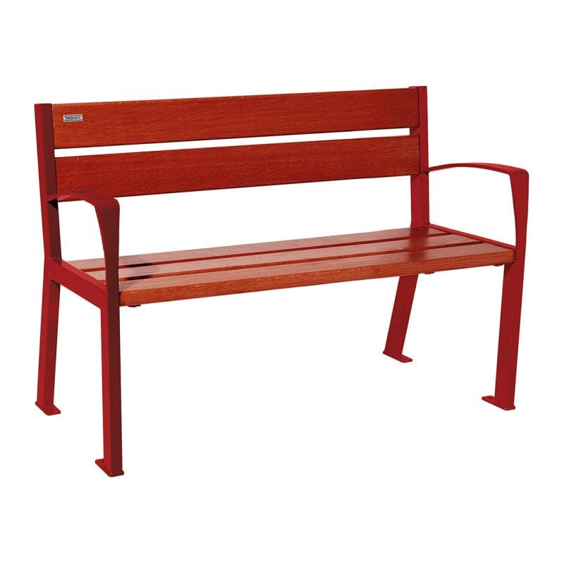 Cityscape Direct Silaos Seat (Steel and Wood) - 1200mm wide Armrests / 5 Slats (Mahogany) / Burgundy (RAL 3004)