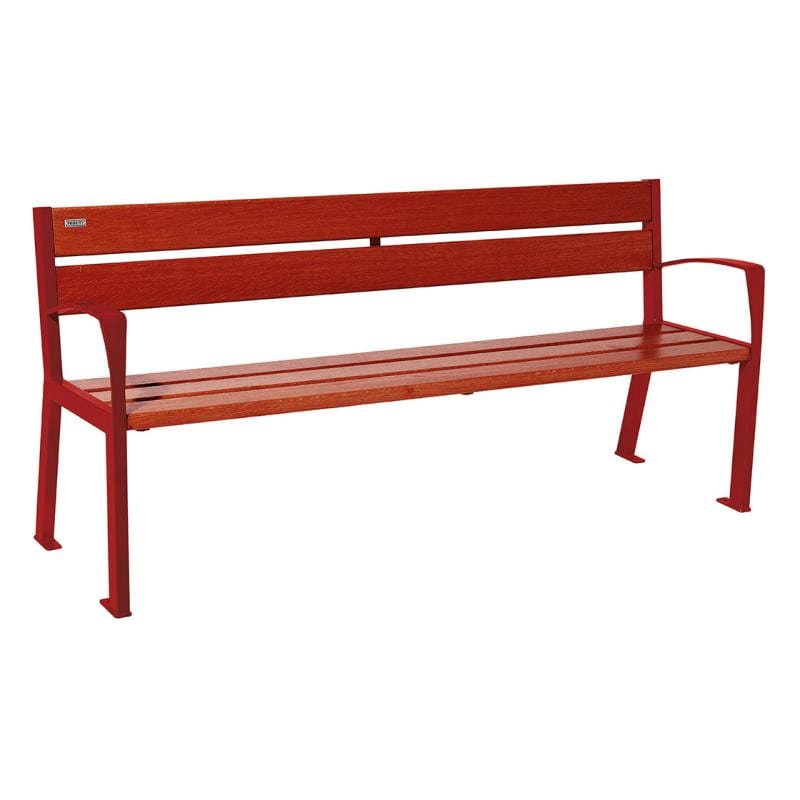 Cityscape Direct Silaos Seat (Steel and Wood) - 1800mm wide Armrests / 5 Slats (Mahogany) / Burgundy (RAL 3004)