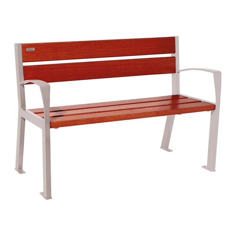 Cityscape Direct Silaos Seat (Steel and Wood) - 1200mm wide Armrests / 5 Slats (Mahogany) / Light Grey (RAL 7044)