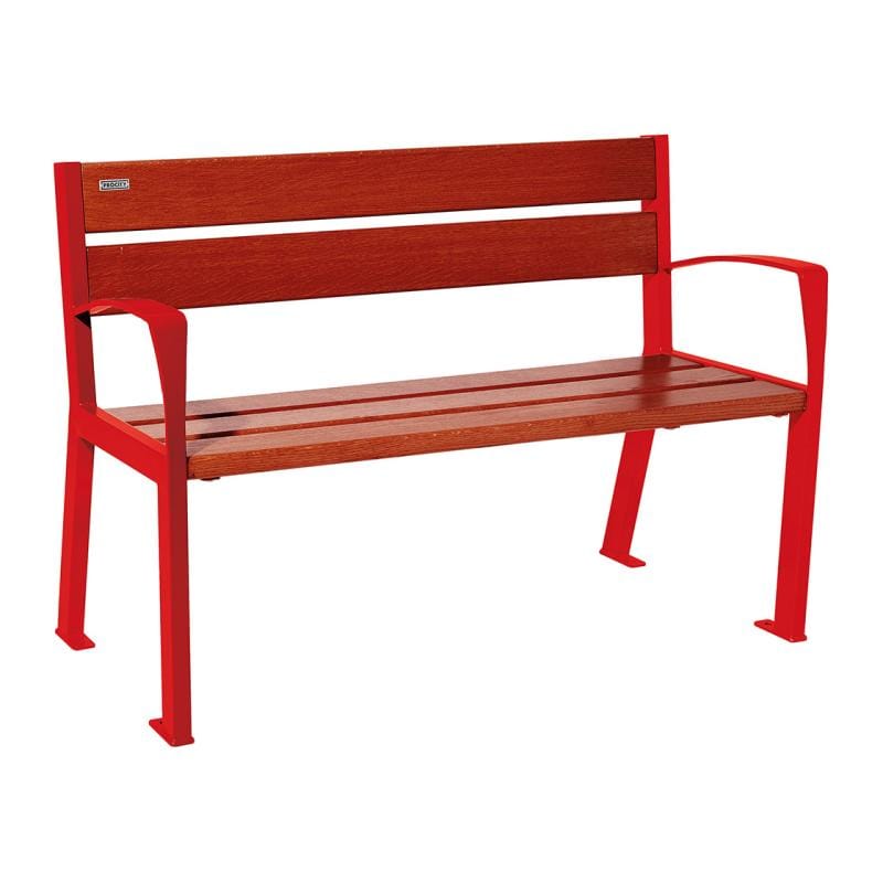 Cityscape Direct Silaos Seat (Steel and Wood) - 1200mm wide Armrests / 5 Slats (Mahogany) / Red (RAL 3020)