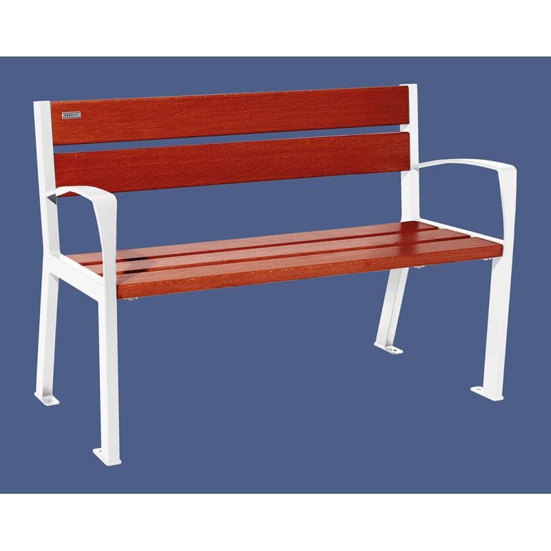 Cityscape Direct Silaos Seat (Steel and Wood) - 1200mm wide Armrests / 5 Slats (Mahogany) / White (RAL 9010)