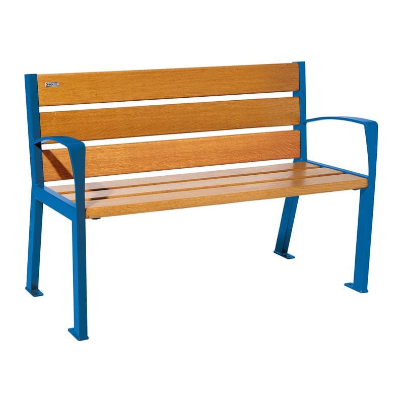 Cityscape Direct Silaos Seat (Steel and Wood) - 1200mm wide Armrests / 6 Slats (Light Oak) / Blue (RAL 5010)