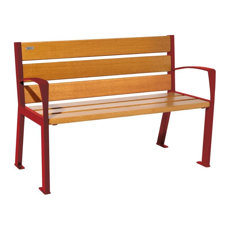Cityscape Direct Silaos Seat (Steel and Wood) - 1200mm wide Armrests / 6 Slats (Light Oak) / Burgundy (RAL 3004)
