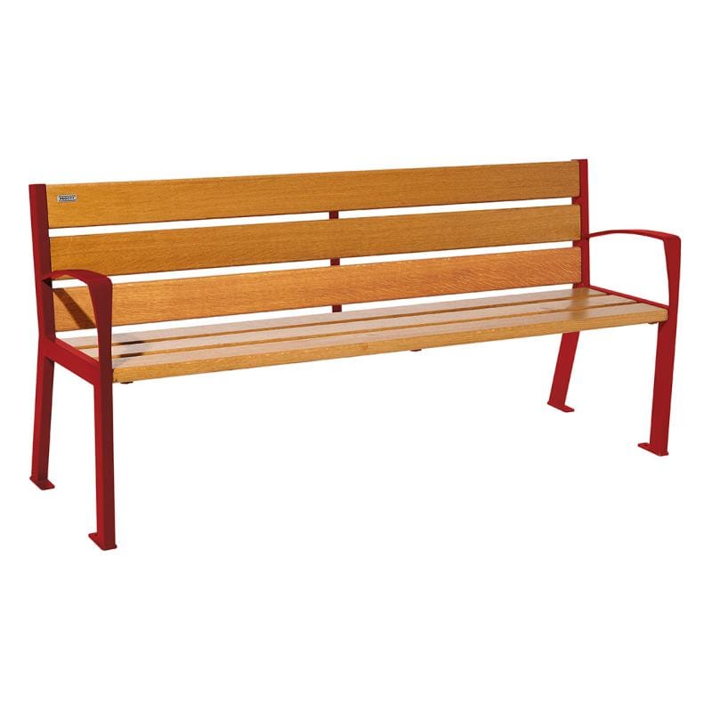 Cityscape Direct Silaos Seat (Steel and Wood) - 1800mm wide Armrests / 6 Slats (Light Oak) / Burgundy (RAL 3004)