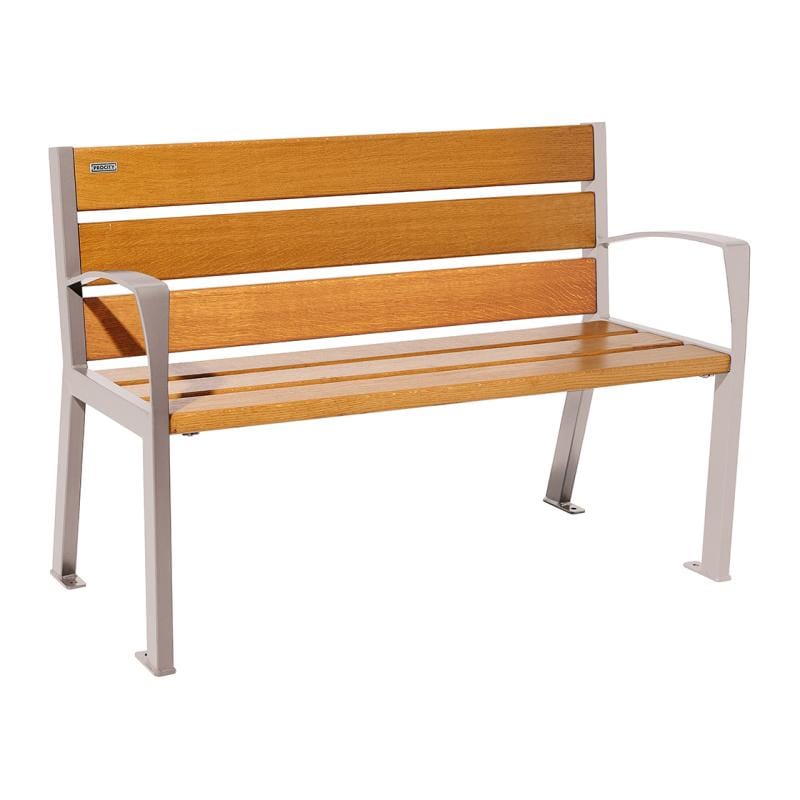 Cityscape Direct Silaos Seat (Steel and Wood) - 1200mm wide Armrests / 6 Slats (Light Oak) / Light Grey (RAL 7044)