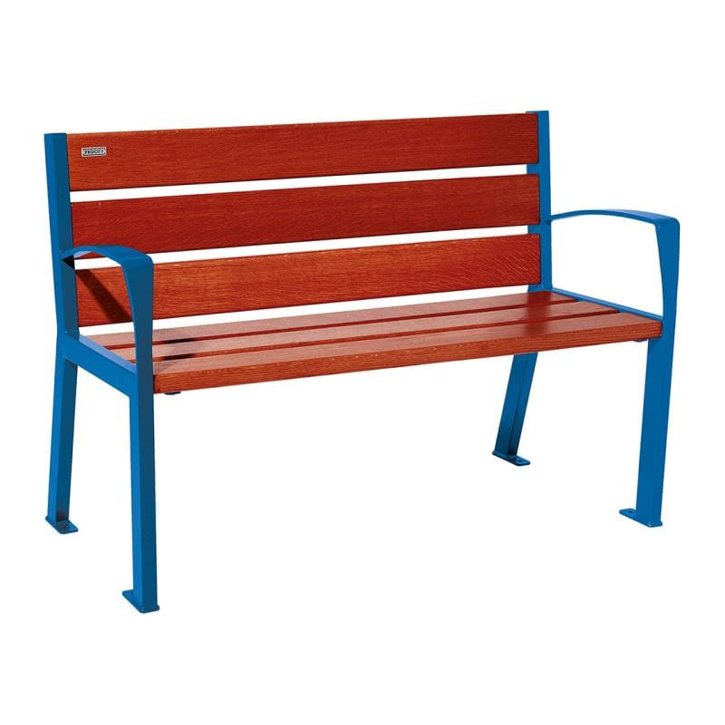 Cityscape Direct Silaos Seat (Steel and Wood) - 1200mm wide Armrests / 6 Slats (Mahogany) / Blue (RAL 5010)