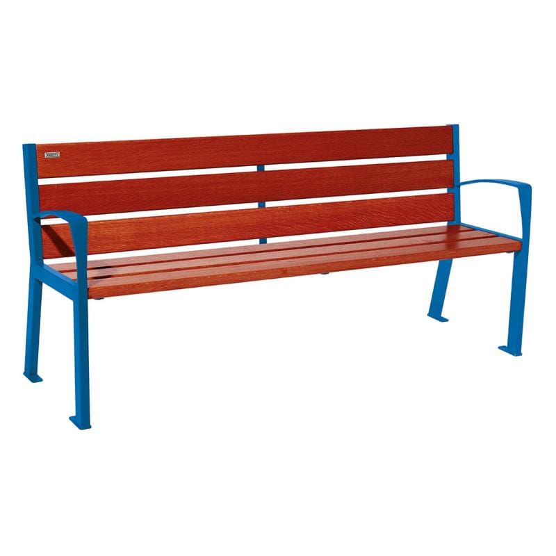 Cityscape Direct Silaos Seat (Steel and Wood) - 1800mm wide Armrests / 6 Slats (Mahogany) / Blue (RAL 5010)