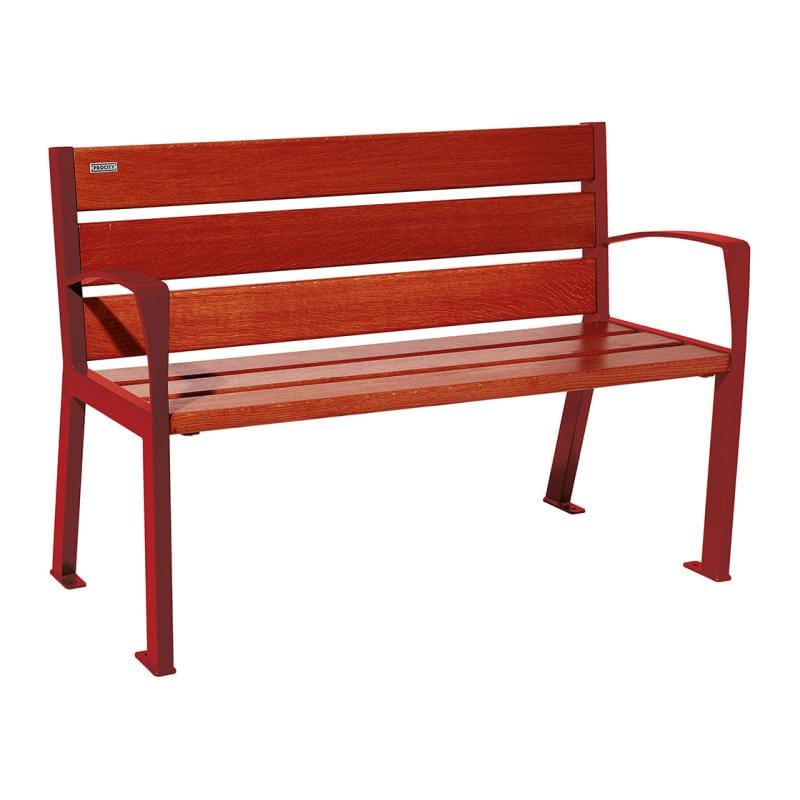 Cityscape Direct Silaos Seat (Steel and Wood) - 1200mm wide Armrests / 6 Slats (Mahogany) / Burgundy (RAL 3004)