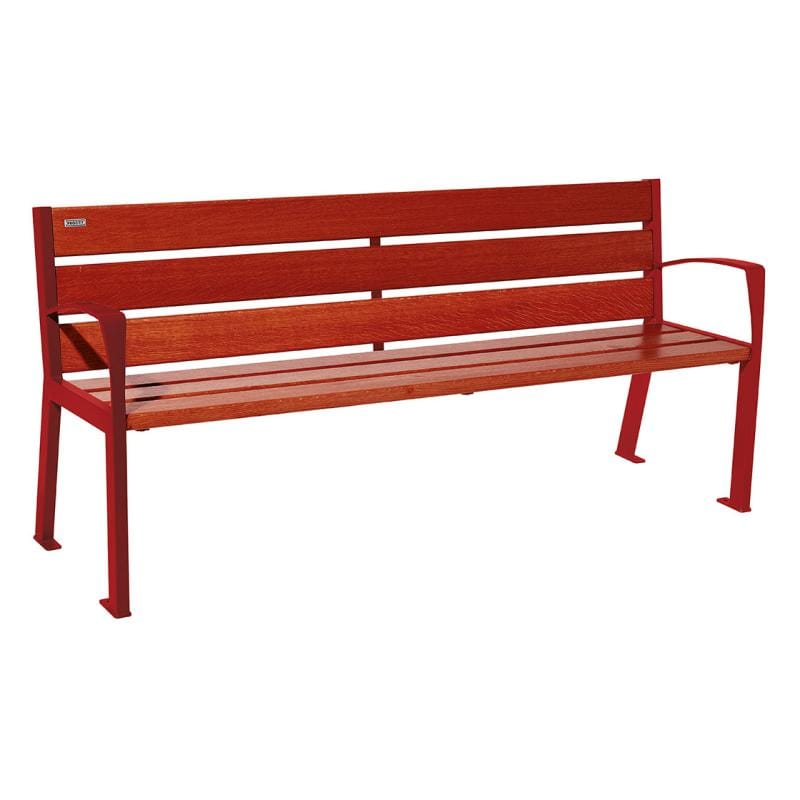 Cityscape Direct Silaos Seat (Steel and Wood) - 1800mm wide Armrests / 6 Slats (Mahogany) / Burgundy (RAL 3004)