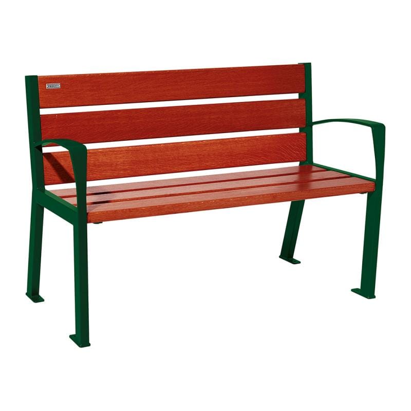 Cityscape Direct Silaos Seat (Steel and Wood) - 1200mm wide Armrests / 6 Slats (Mahogany) / Green (RAL 6005)