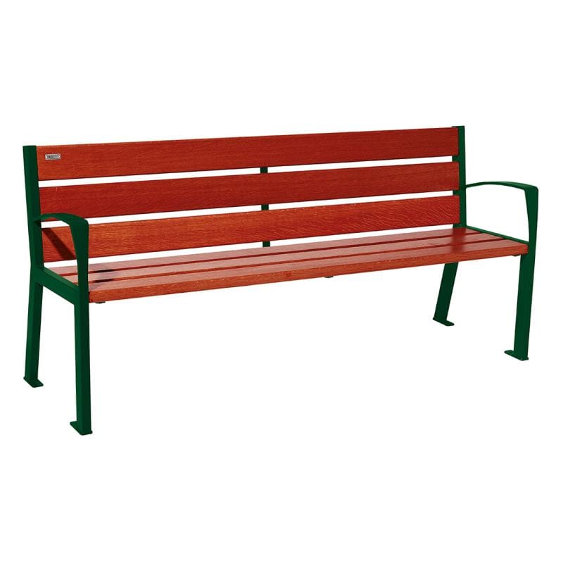 Cityscape Direct Silaos Seat (Steel and Wood) - 1800mm wide Armrests / 6 Slats (Mahogany) / Green (RAL 6005)