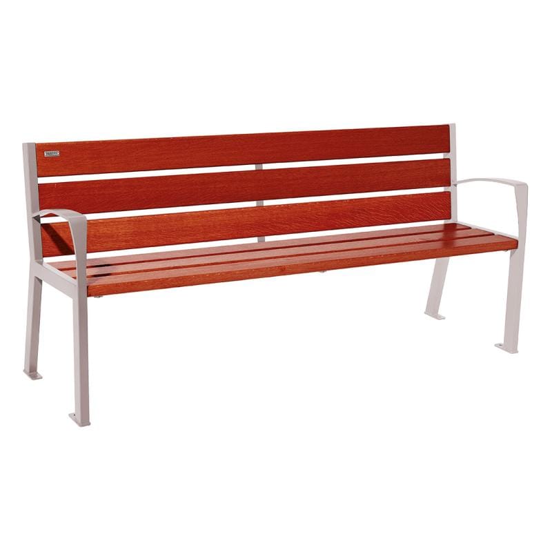 Cityscape Direct Silaos Seat (Steel and Wood) - 1800mm wide Armrests / 6 Slats (Mahogany) / Light Grey (RAL 7044)