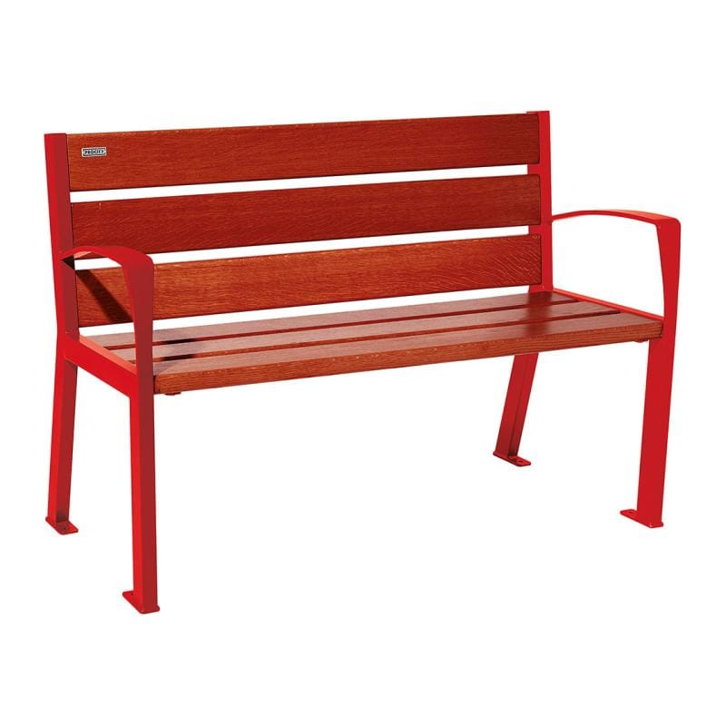 Cityscape Direct Silaos Seat (Steel and Wood) - 1200mm wide Armrests / 6 Slats (Mahogany) / Red (RAL 3020)