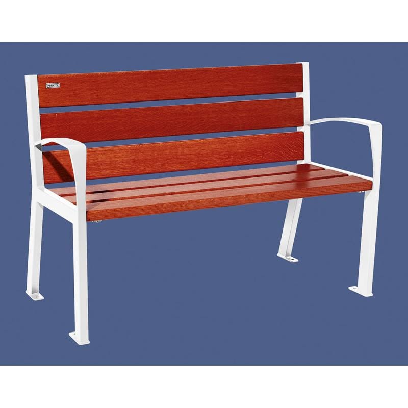 Cityscape Direct Silaos Seat (Steel and Wood) - 1200mm wide Armrests / 6 Slats (Mahogany) / White (RAL 9010)
