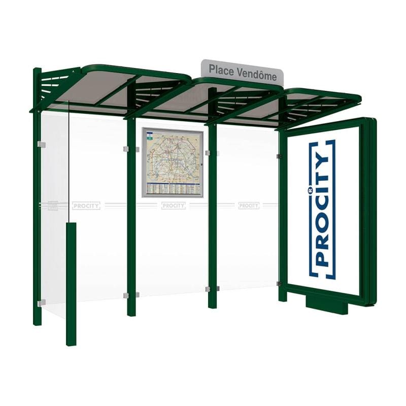 Cityscape Direct Conviviale Bus Shelter Green (RAL 6005) / With lightbox on one side and cladding on the other / Not Required