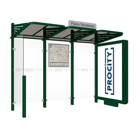 Cityscape Direct Conviviale Bus Shelter Green (RAL 6005) / With lightbox on one side and cladding on the other / Not Required
