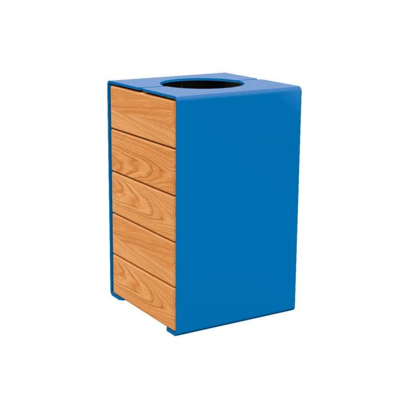 Cityscape Direct Kube Litter Bin (Wood and Steel) Light Oak / Blue (RAL 5010) / No Lid
