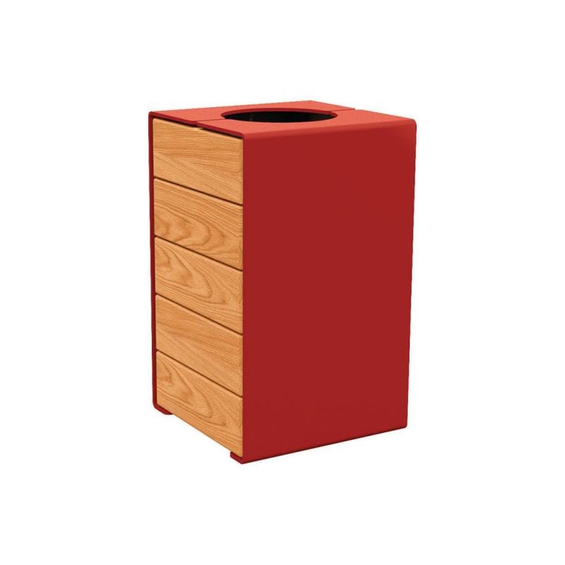 Cityscape Direct Kube Litter Bin (Wood and Steel) Light Oak / Burgundy (RAL 3004) / No Lid