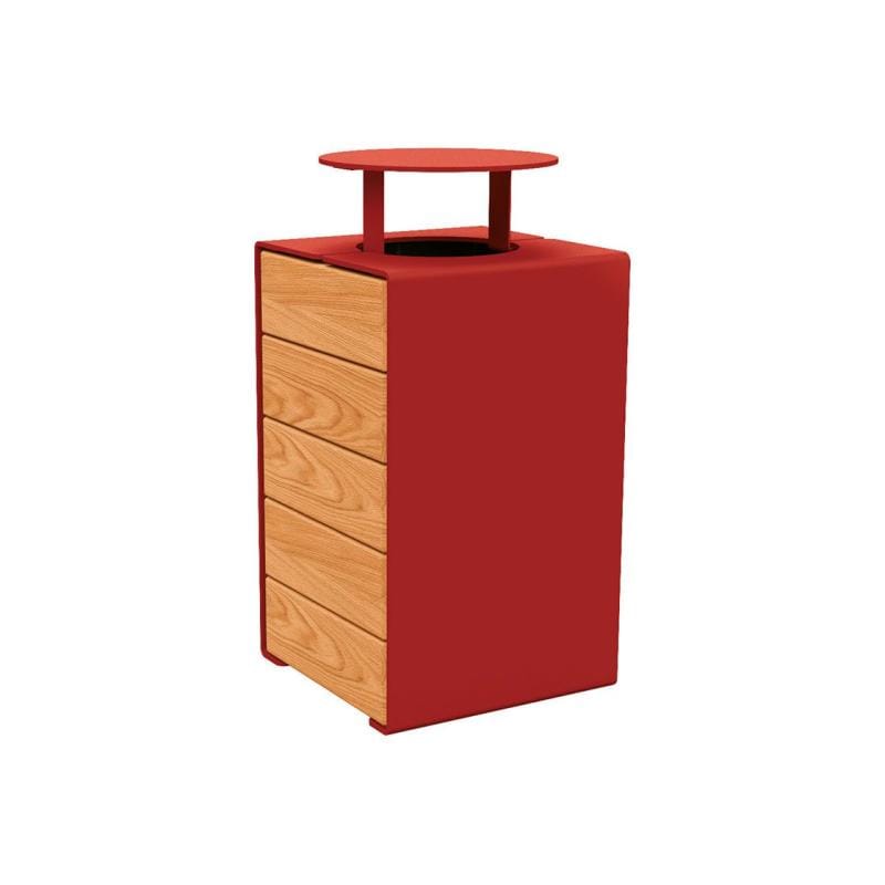 Cityscape Direct Kube Litter Bin (Wood and Steel) Light Oak / Burgundy (RAL 3004) / With Lid
