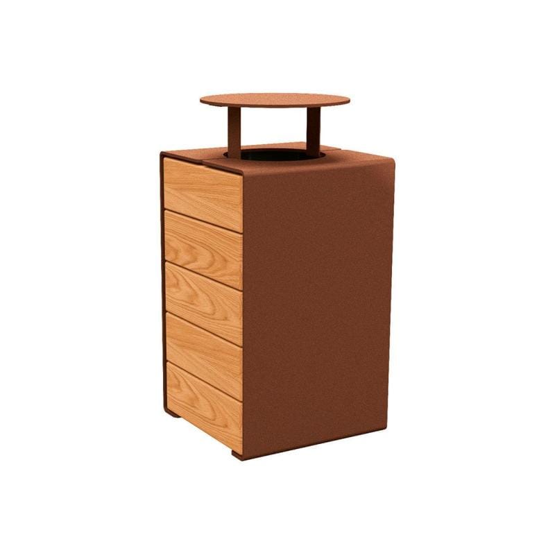 Cityscape Direct Kube Litter Bin (Wood and Steel) Light Oak / Corten Effect / With Lid