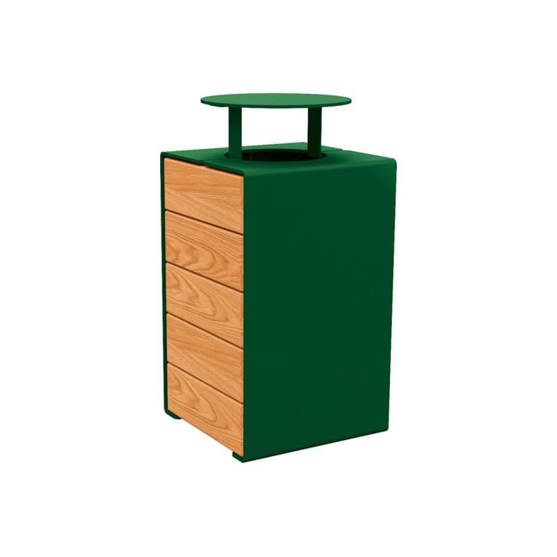 Cityscape Direct Kube Litter Bin (Wood and Steel) Light Oak / Green (RAL 6005) / With Lid