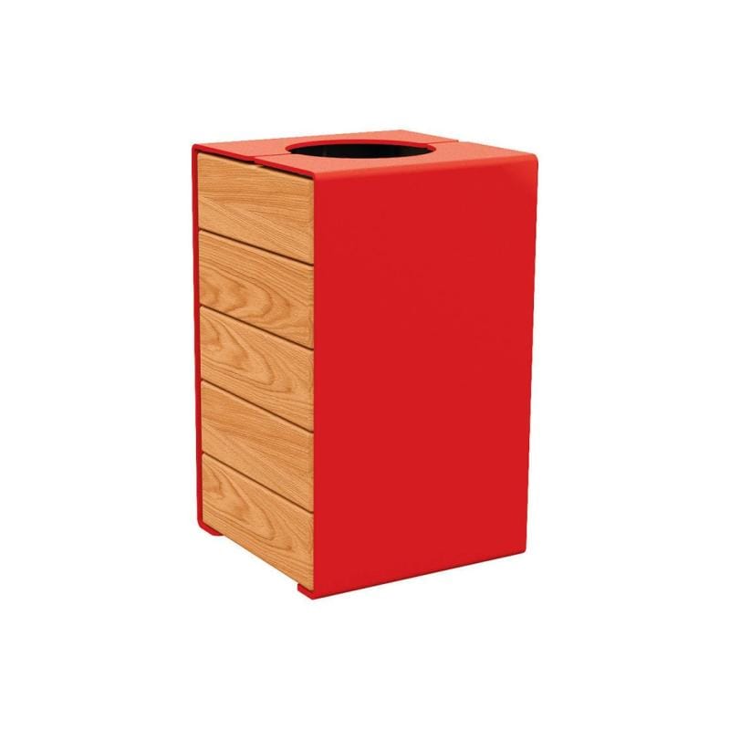 Cityscape Direct Kube Litter Bin (Wood and Steel) Light Oak / Red (RAL 3020) / No Lid