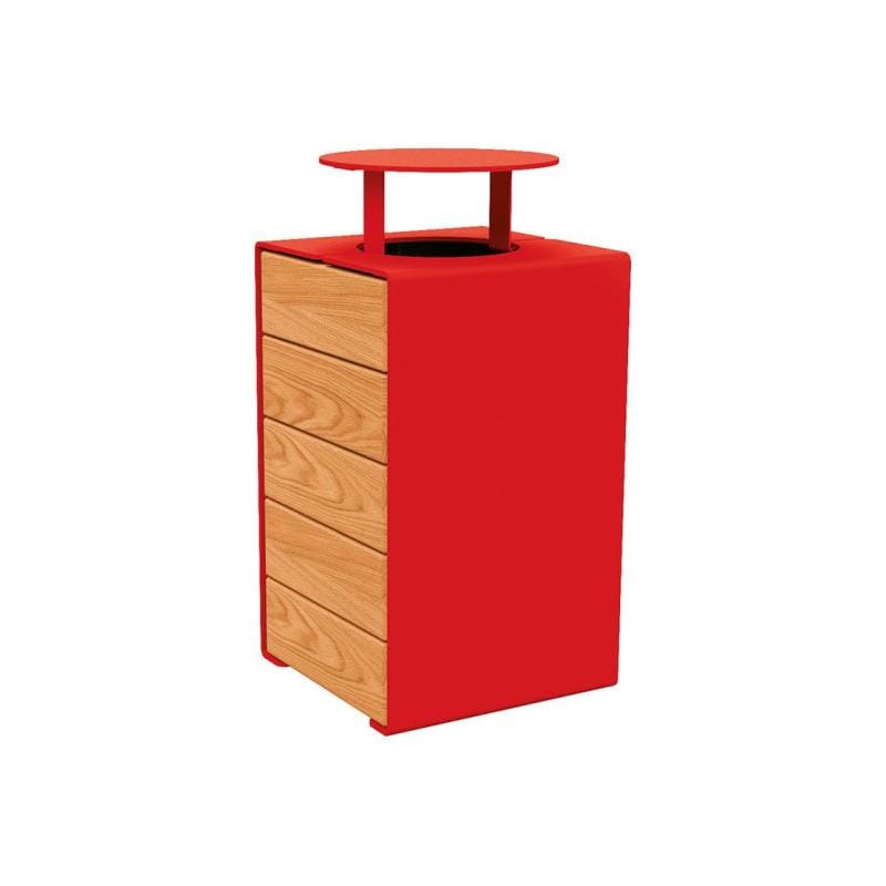 Cityscape Direct Kube Litter Bin (Wood and Steel) Light Oak / Red (RAL 3020) / With Lid