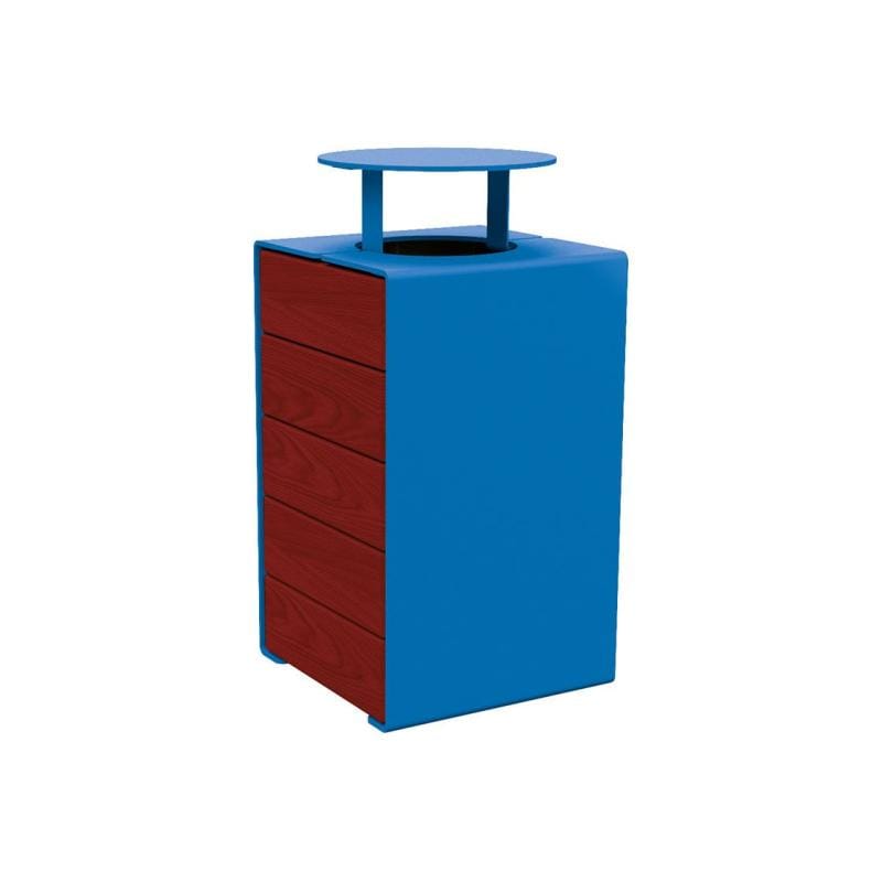 Cityscape Direct Kube Litter Bin (Wood and Steel) Mahogany / Blue (RAL 5010) / With Lid