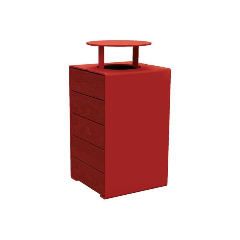 Cityscape Direct Kube Litter Bin (Wood and Steel) Mahogany / Burgundy (RAL 3004) / With Lid