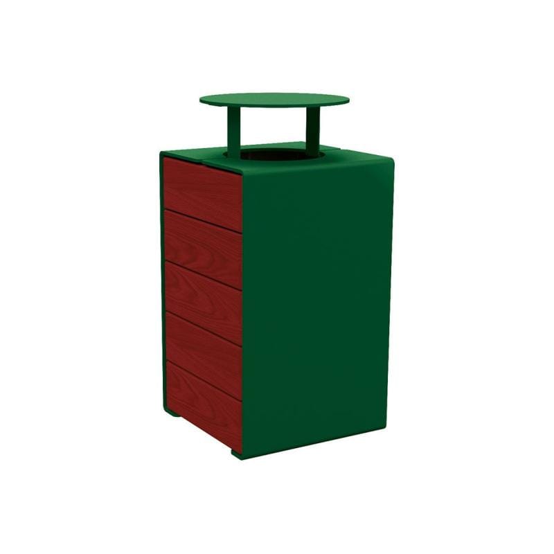 Cityscape Direct Kube Litter Bin (Wood and Steel) Mahogany / Green (RAL 6005) / With Lid