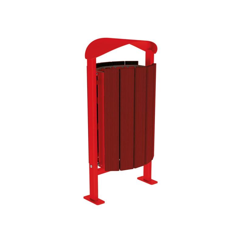 Cityscape Direct Silaos Litter Bin (Wood and Steel) Mahogany / Red (RAL 3020) / Base Plates