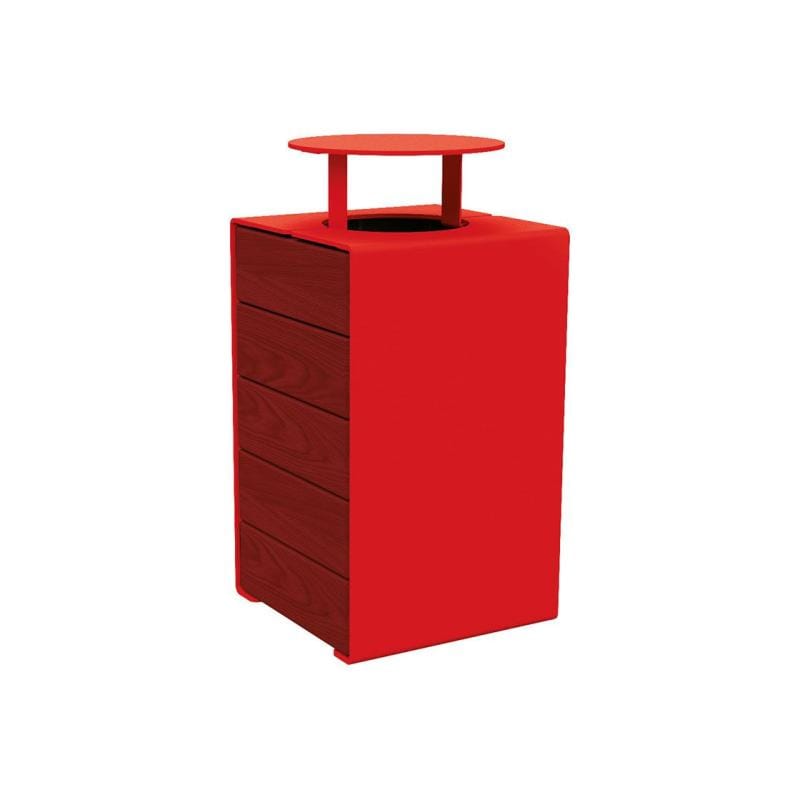 Cityscape Direct Kube Litter Bin (Wood and Steel) Mahogany / Red (RAL 3020) / With Lid